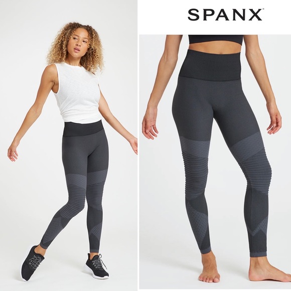 SPANX Look at Me Now Seamless Moto Leggings Black Gray Color Block High Rise XL - Picture 3 of 16